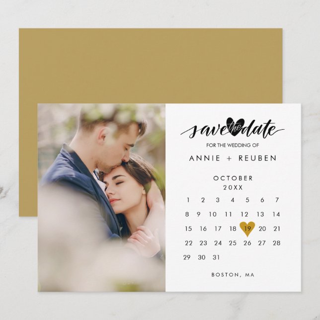 Save the Date Kalender Chic Gold Liebe Herzstück F Einladung (Vorne/Hinten)