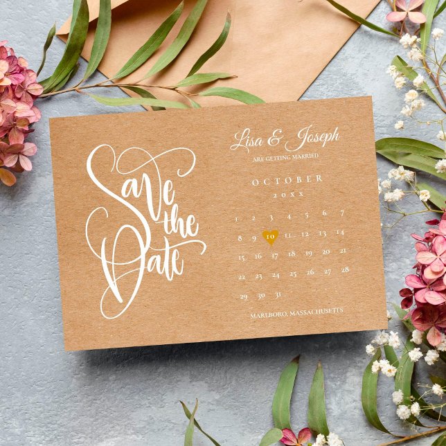 Save the Date Kalender Gold Herz Rustikale Kraft Postkarte (Von Creator hochgeladen)
