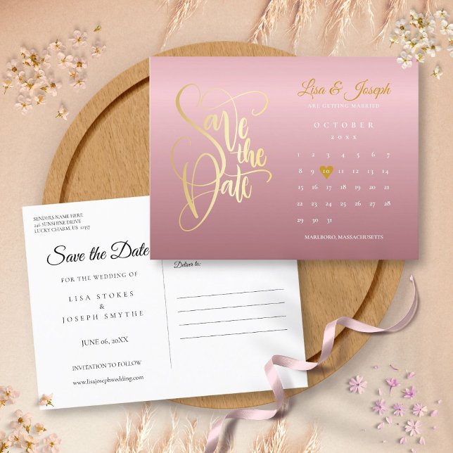 Save the Date Kalender Rose Goldene Chic Liebe Her Ankündigungspostkarte (Save the Date Calendar Rose Gold Chic Love Heart Announcement Postcard)