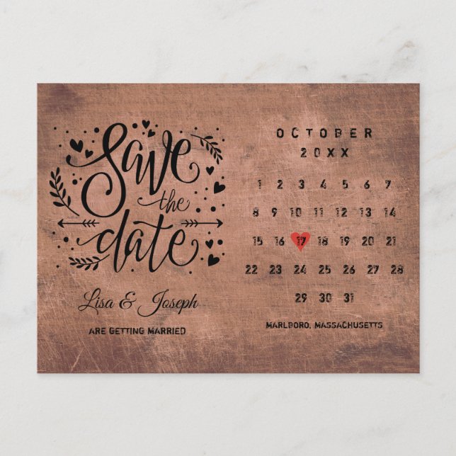 Save the Date Kalender Rote Liebe Herz Rustikales  Ankündigungspostkarte (Vorderseite)