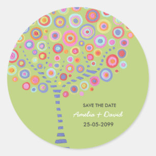 Save the Date Kalkgrüner Retro-Kreisbaum Runder Aufkleber