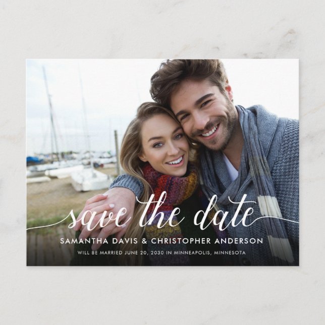 Save the Date Kalligrafie Script Horizontal Foto Postkarte (Vorderseite)