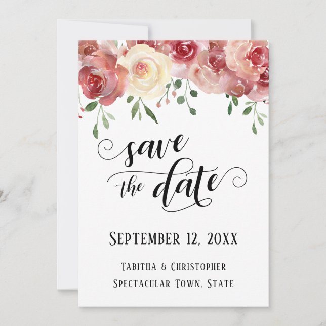 Save the Date Kalligraphie, Burgund, Rose mit Blüt (Vorderseite)