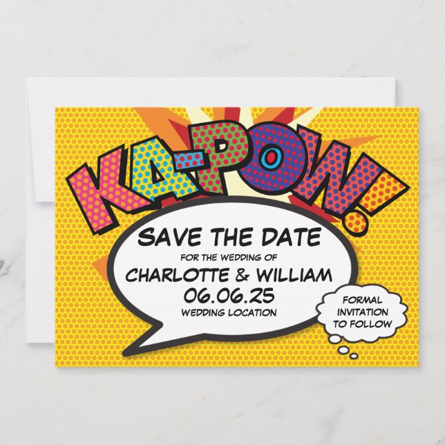 Save The Date KAPOW Enregistrez la date Fun Retro Bande dessinée (Devant)