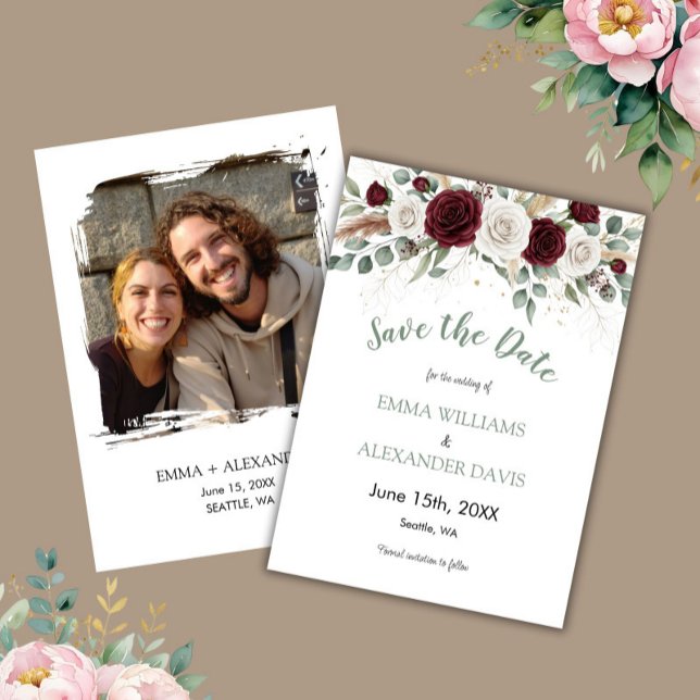 Save the Date-Karte für das blaue Foto des Speiche Date (Sage Green Blush Floral Photo Save the Date Card)