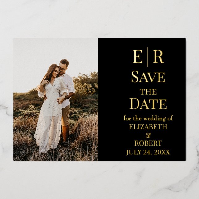 Save the Date-Karte für Schwarz-Gold-Monogramm-Fot Folieneinladung (Vorderseite)