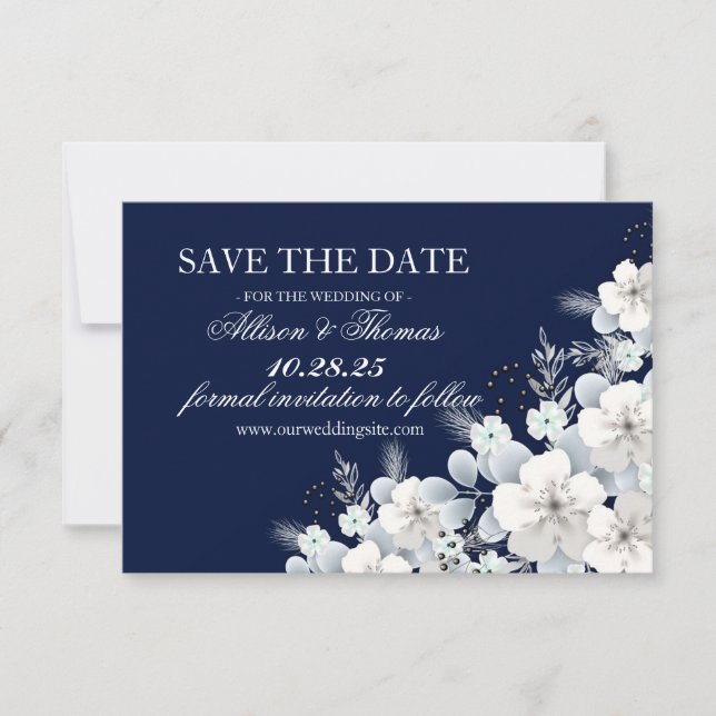 Save the Date Karte weiß Blume Sakura blau (Vorderseite)