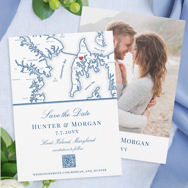 Save The Date Kent Island Maryland Destination Wedding Code QR (These elegant Kent Island Maryland destination wedding Save the Dates feature a QR code and photo)