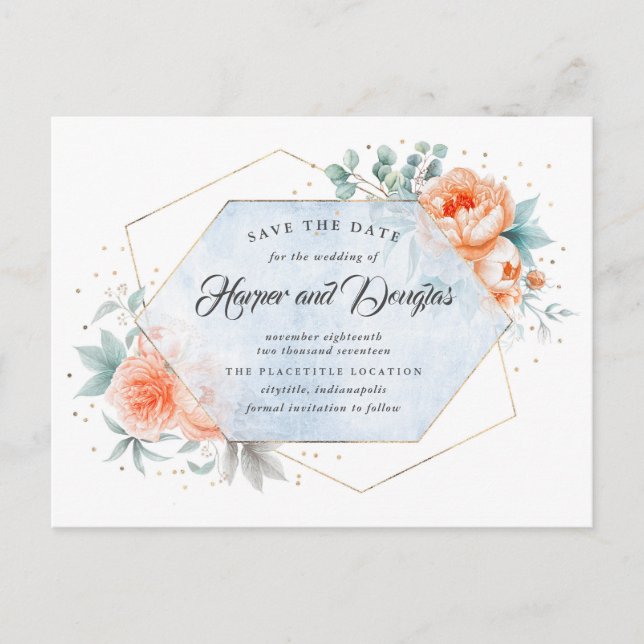 Save the Date Korallen Dusty Blue Floral Ankündigungspostkarte (Vorderseite)
