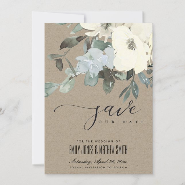 SAVE THE DATE KRAFT IVOIRE BLANC AQUA FLORALE BUNCH D'EAU (Devant)