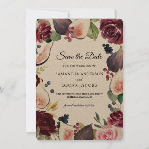 Save The Date Kraft Moody & Rustic Burgundy Figs & Fleurs Cadre