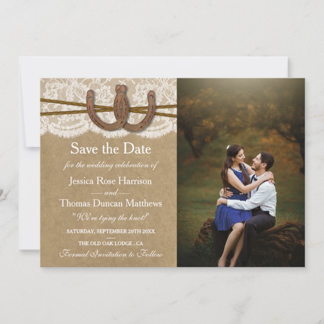 Save The Date La collection de Mariages Kraft, Lace & Horseshoe (Devant)