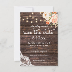 Save The Date Lace de bois, Lumières, Floral Rose & Pêche Rustiq