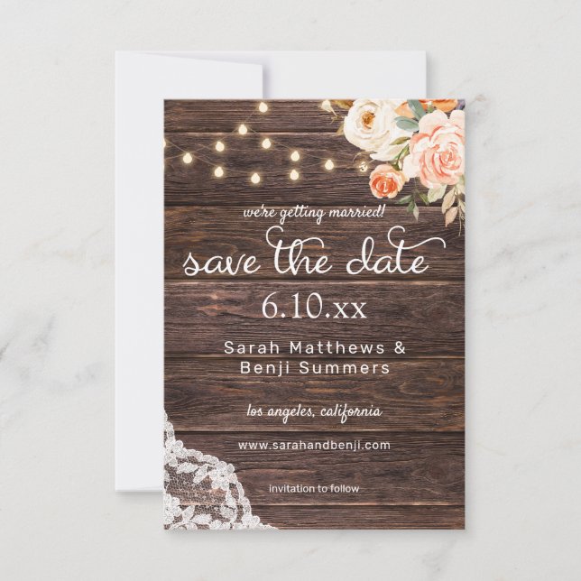Save The Date Lace de bois, Lumières, Floral Rose & Pêche Rustiq (Devant)