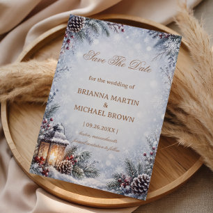 Save The Date Lanterne enneigée Cône de pin Romance d'hiver