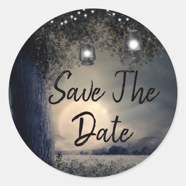 Save the Date Lanterns in Tree Full Wedding Runder Aufkleber (Vorderseite)
