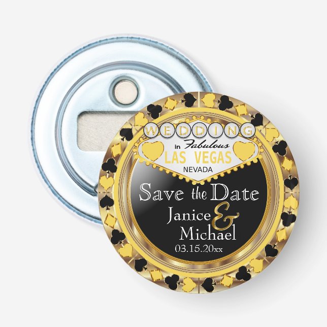 Save the Date Las Vegas Style - Gelb Flaschenöffner (Vorderseite)