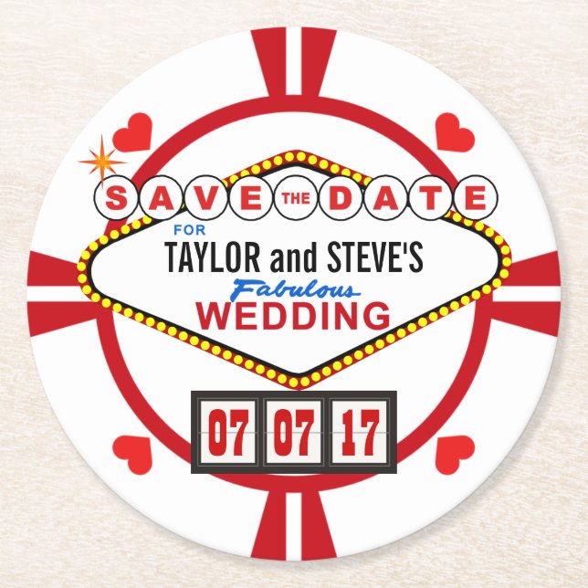 Save the Date Las Vegas Wedding Poker Chip Runder Pappuntersetzer (Vorderseite)