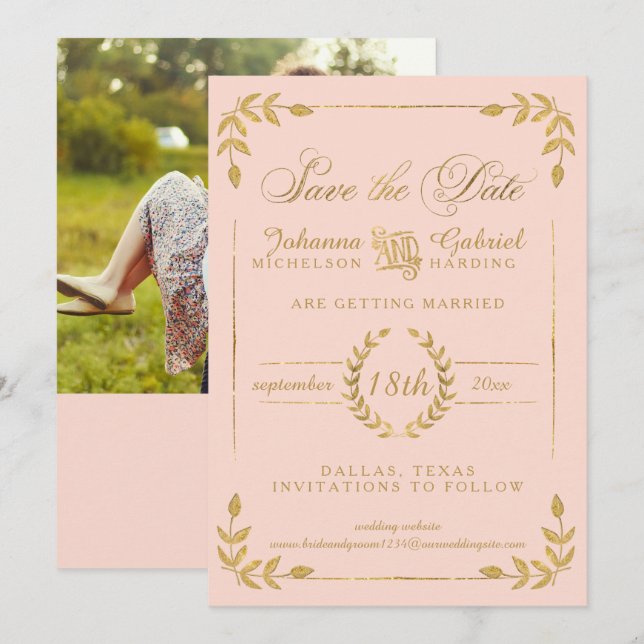 Save The Date Laurel Leaf Blush Pink Gold Enregistrer la date Ph (Devant / Derrière)