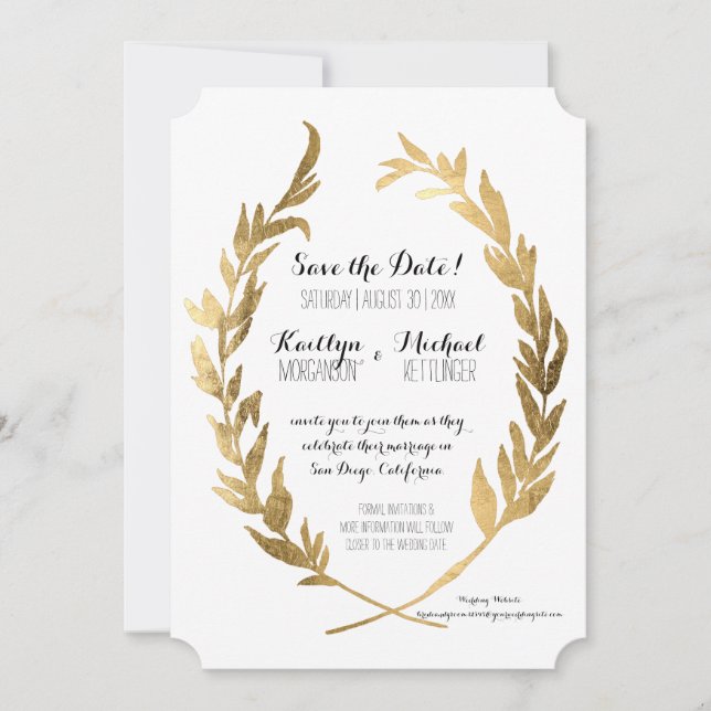 Save the Date Laurel Wreath Olive Leaf Imitats Gol (Vorderseite)