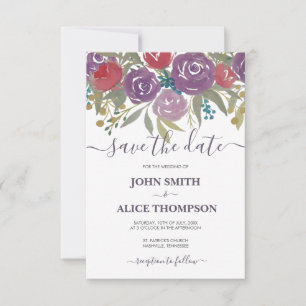 Save The Date Lavande d'aquarelle et Mariage de fleurs rouges