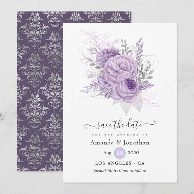 Save The Date Lavande et Mariage floral argenté (Devant / Derrière)