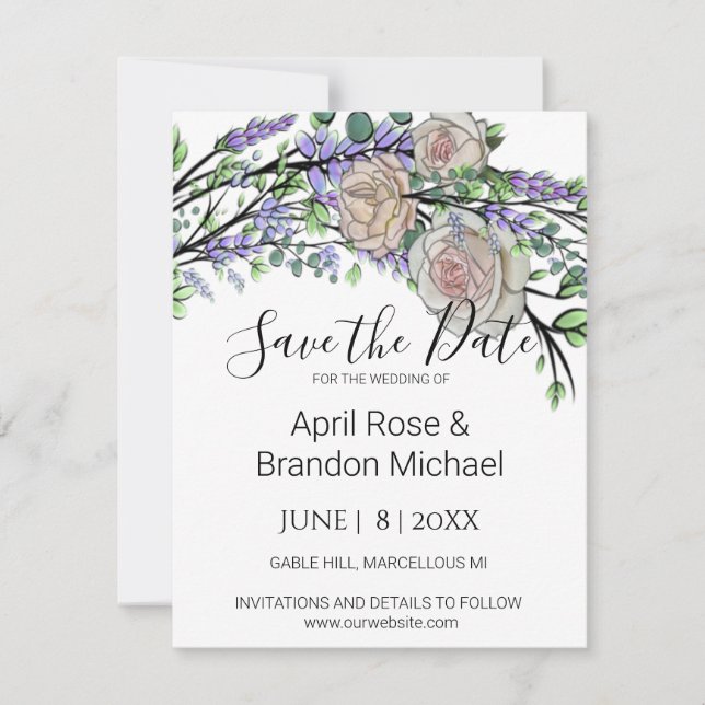 Save The Date Lavande Eucalyptus rose roses roses blanches Enreg (Devant)