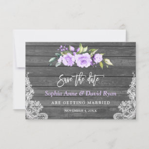 Save The Date Lavande Fleurs Grange Mariage dentelle en bois