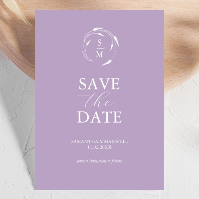 Save The Date Lavande Moderne Enregistrer La Date (Lavender wedding invitations monogrammed save the date unique line art by Victoria Grigaliunas)