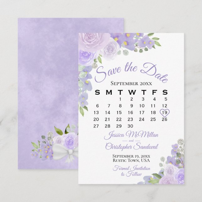Save The Date Lavande Purple Aquarelle Florale Calendrier Mariag (Devant / Derrière)