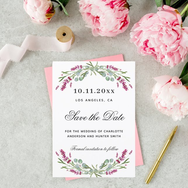 Save The Date Lavande rose florale mariage vert (Créateur téléchargé)