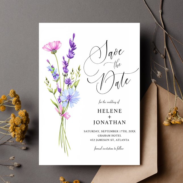 Save The Date Lavender Fleur sauvage Garden Boho Elégant Mariage (Lavender Wildflower Garden Boho Elegant Wedding Save The Date)