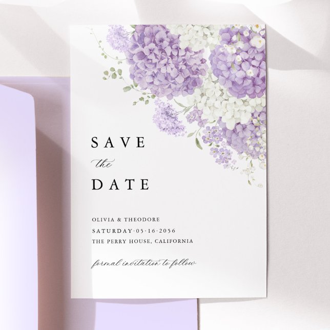 Save The Date Lavender Lilac White Floral Wedding (Lavender white hydrangea save the date wedding card with lilac floral, elegant wedding stationery)