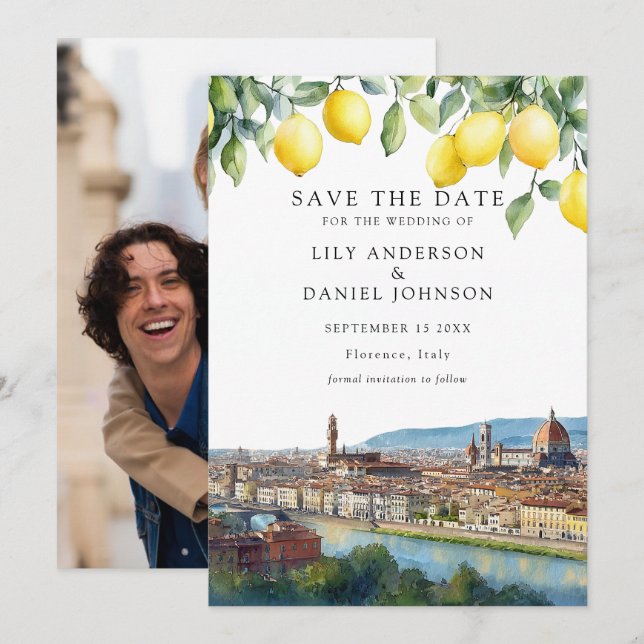 Save The Date Lemons Florence Tuscany Italy Photo Wedding (Devant / Derrière)