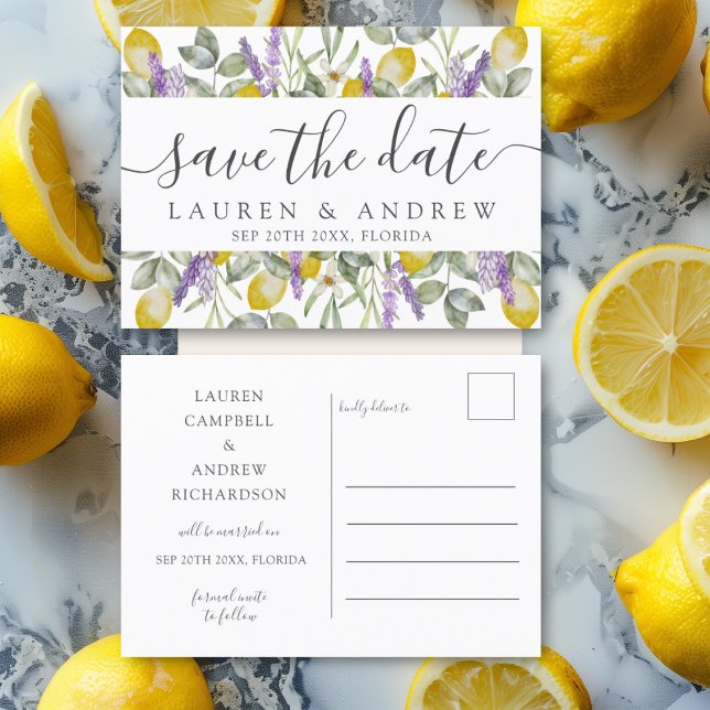 Save the Date Lemons & Lavender Wedding Postkarte (Von Creator hochgeladen)