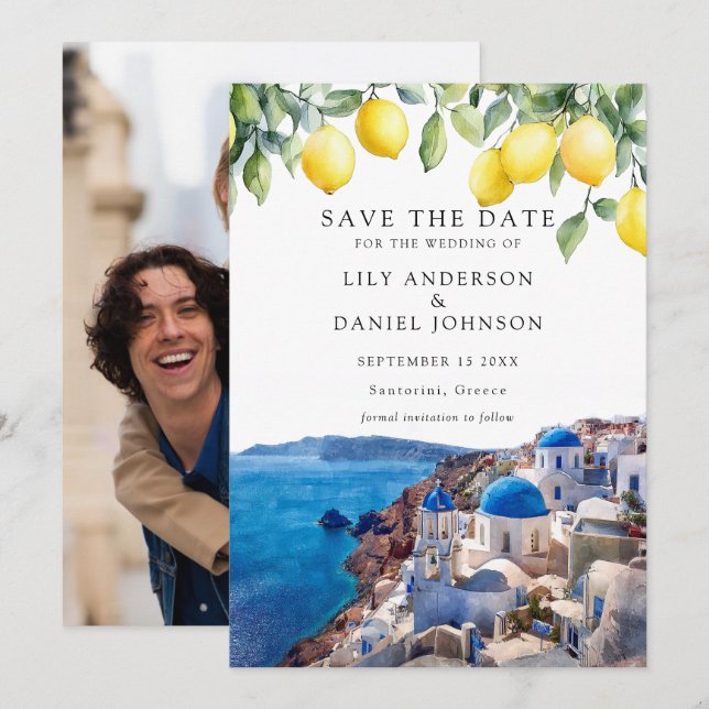 Save The Date Lemons Santorini Greece Photo Wedding (Devant / Derrière)