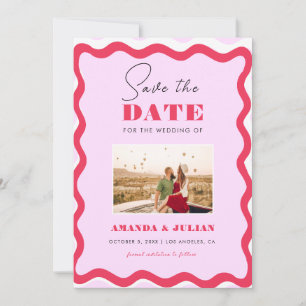 Save The Date les années 70 Retro Wavy Frame rose et rouge Photo