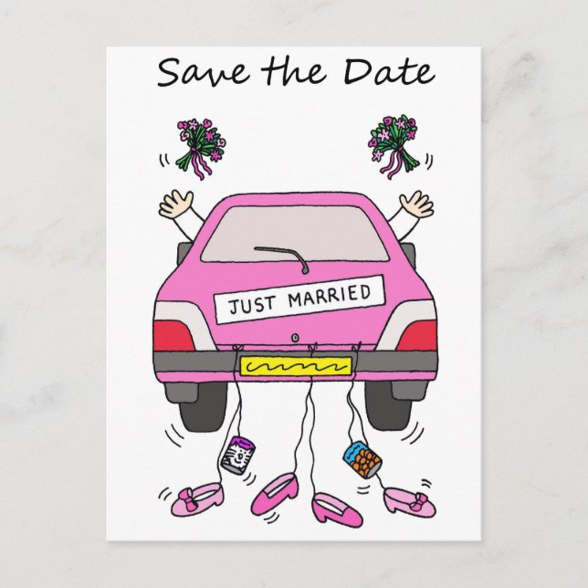 Save the Date Lesbian Wedding Cartoon Car Ankündigungspostkarte (Vorderseite)