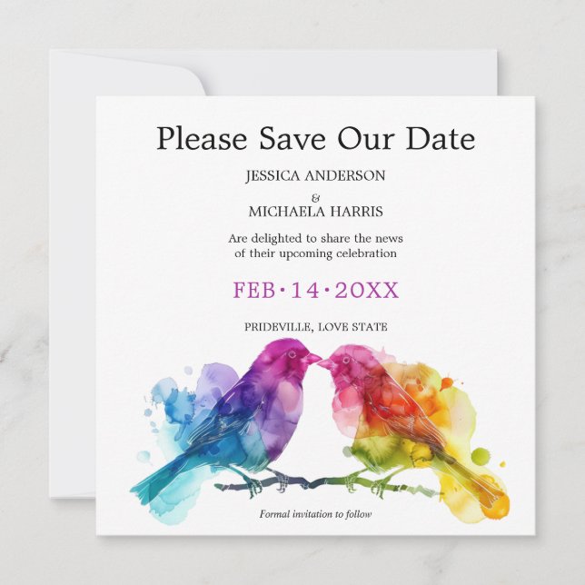 Save The Date LGBTQ+ carré Rainbow Lovebirds (Devant)