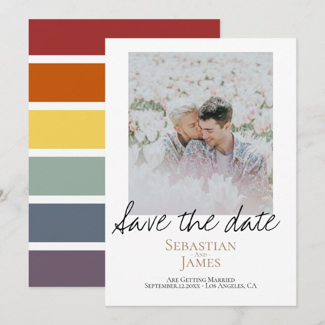 Save the Date LGBTQ Rainbow Personalisiertes Foto (Vorne/Hinten)