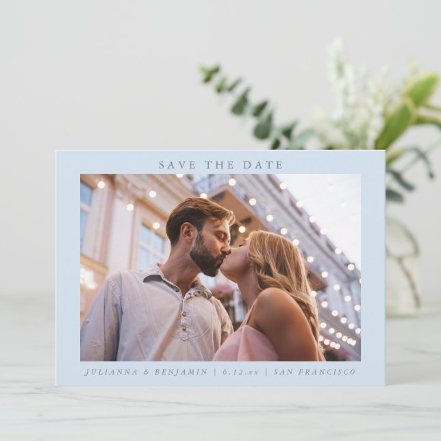 Save The Date Light Blue Photo Minimalist Modern Elegant Wedding (Debout devant)