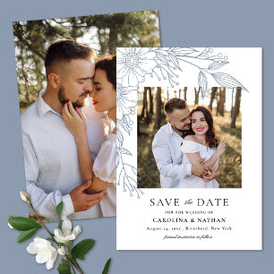 Save The Date Ligne élégante tirée Floral Blue 2 Mariage photo
