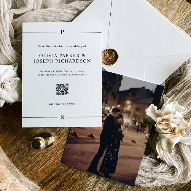 Save The Date Lignes modernes et monogramme blanc QR Code et pho (Créateur téléchargé)
