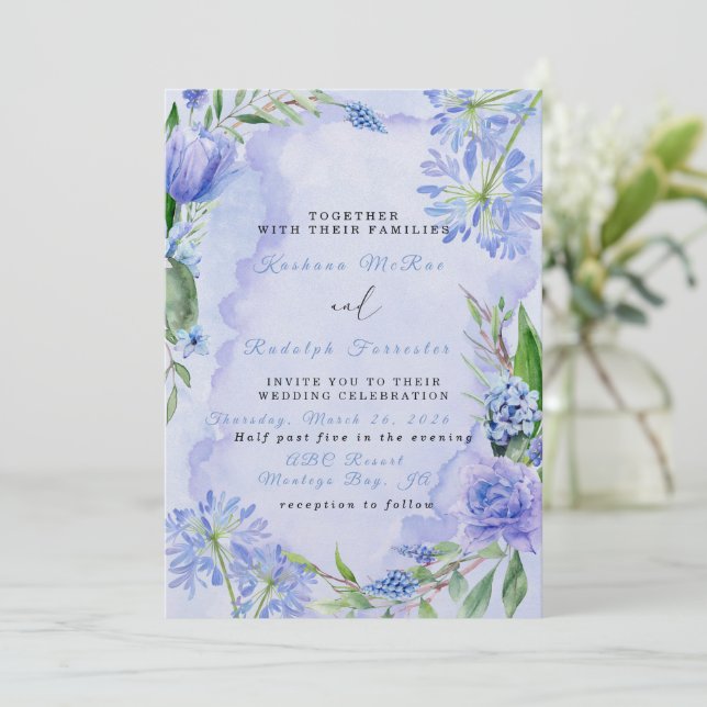 Save the Date lila und blaue florale Karte (Stehend Vorderseite)