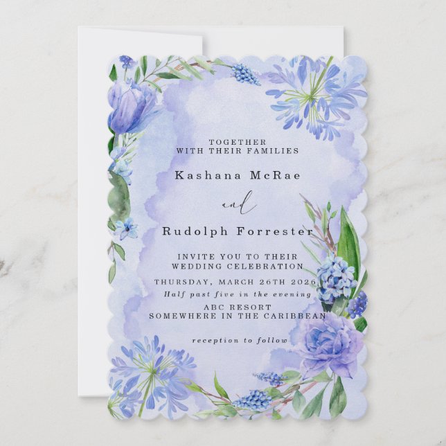 Save the Date lila und blaue florale Karte (Vorderseite)