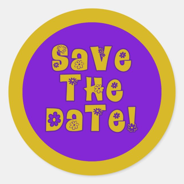 Save the Date Lila und Gold Runder Aufkleber (Vorderseite)