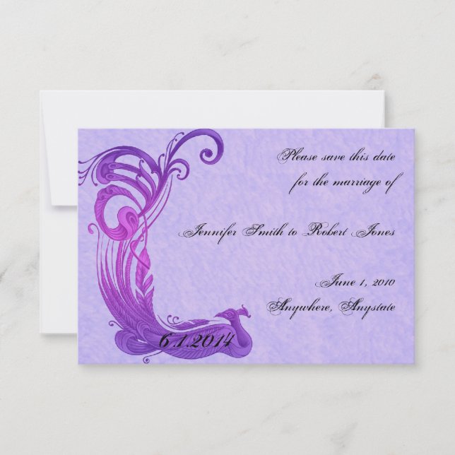 Save the Date lila Vintage Pfauenpfau (Vorderseite)