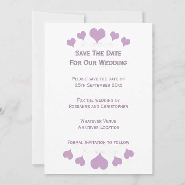 Save The Date Lilac Hearts Design Wedding (Devant)