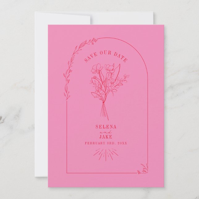 Save The Date Line Art Arch Bouquet rose et rouge Enregistrer la (Devant)