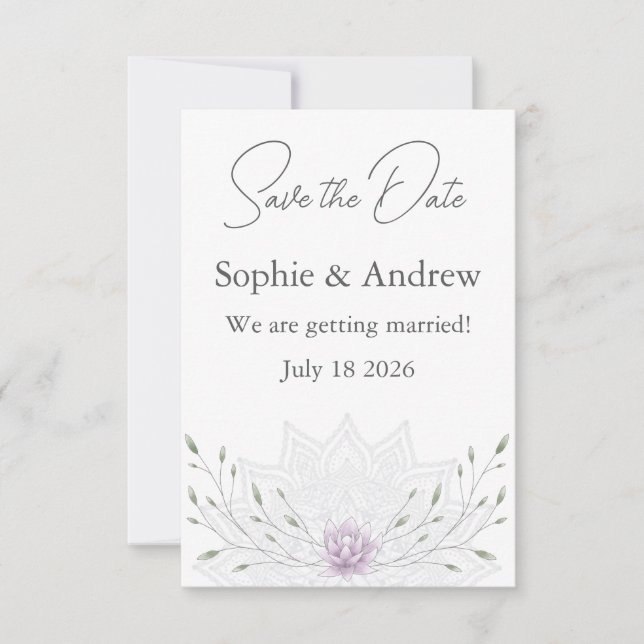 Save The Date Lotus simple feuille et rose avec Mariage Mandala (Devant)